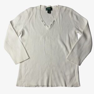 Lauren Ralph Lauren Women's 100% Cotton Ribbed V-Neck Sweater Cream Size M